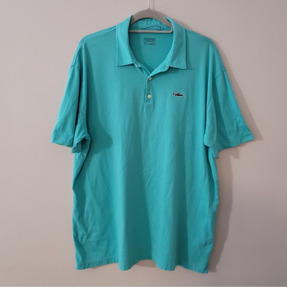 Patagonia Mens Organic Cotton Polo Shirt XL Pullover Trout Fitz Roy Turquoise